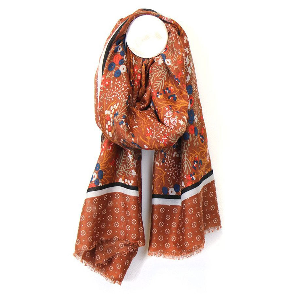 Ginger Multi Floral Print Border Scarf