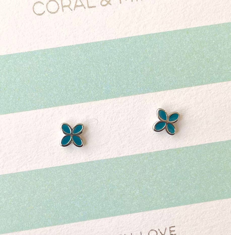 Geo Flower Studs - Petrol Blue Enamel
