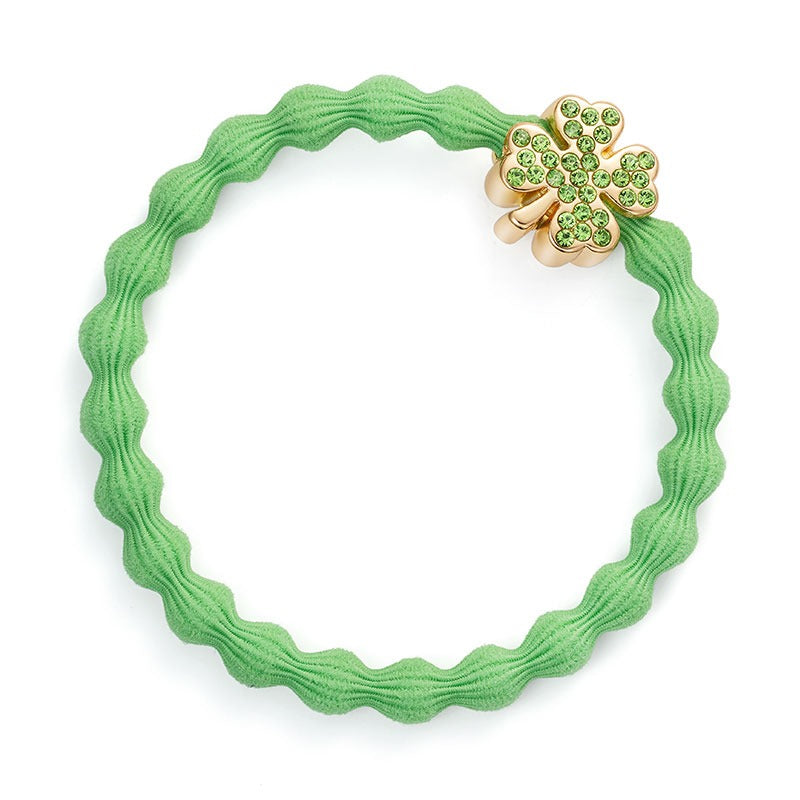 Bling Gold Diamante Clover On Apple Green Elastic Bangle Band