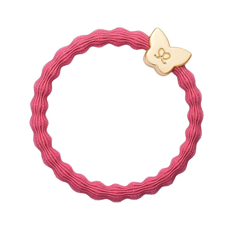 Butterfly In Gold On Coral Pink Elastic Bangle Band