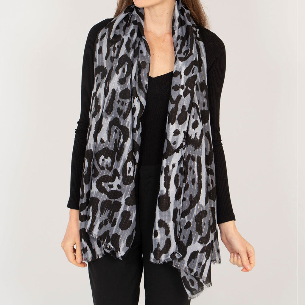 Janey Lightweight Scarf - Grey, Leopard Stripe