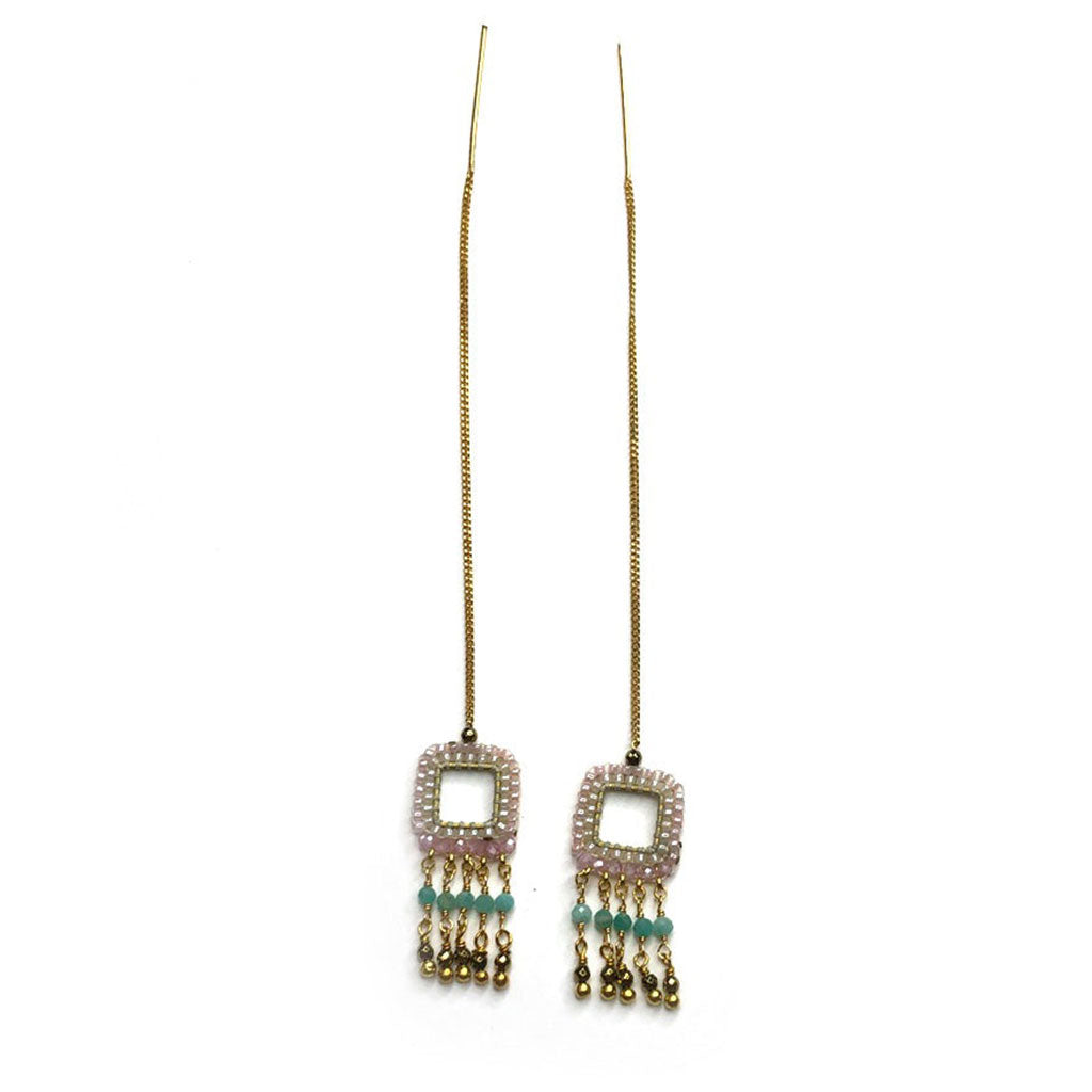 Boucles d’oreilles threader fabriquées à la main en amazonite et yeux de chat