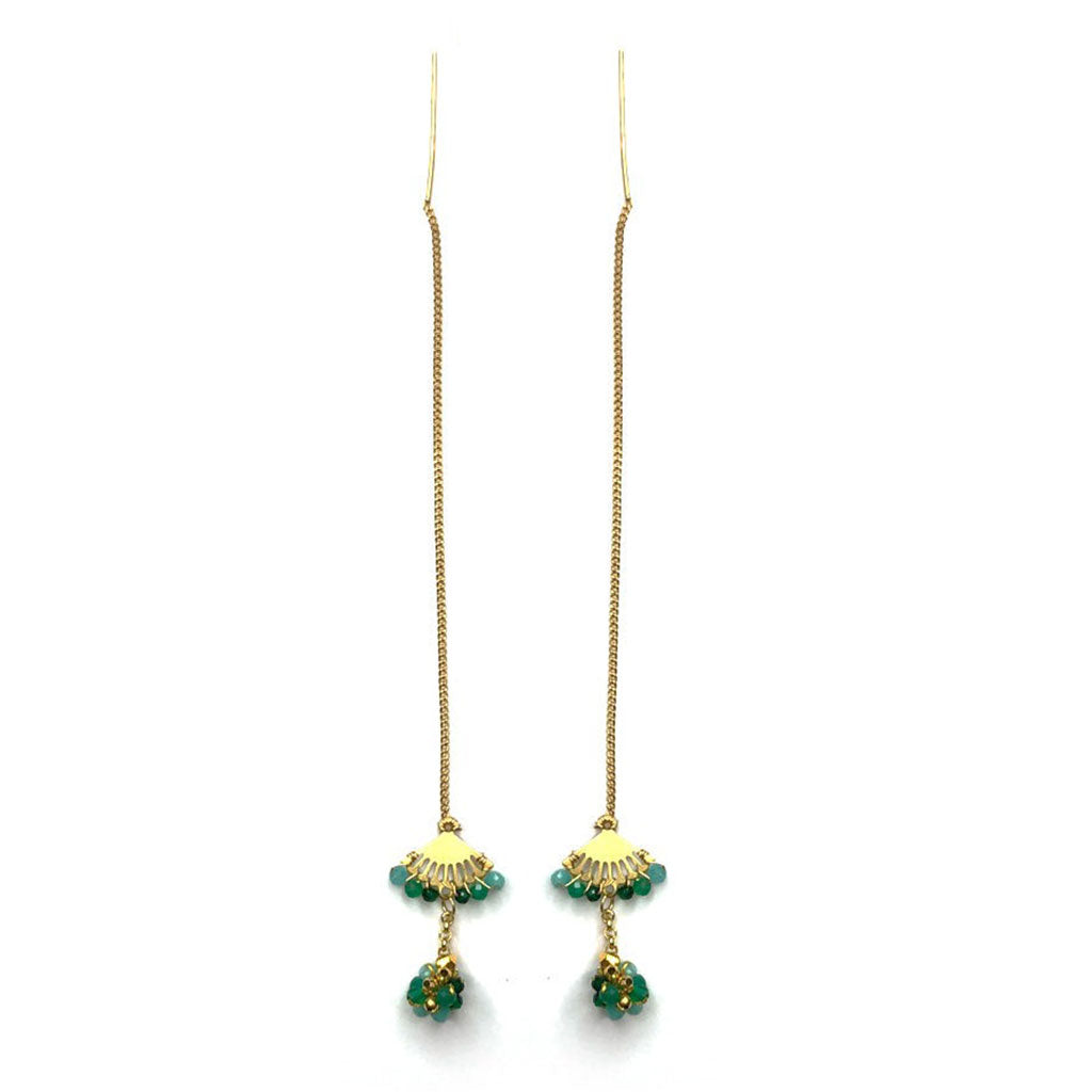 Handgefertigte Einfädler-Ohrringe aus grünem Onyx und Katzenaugen