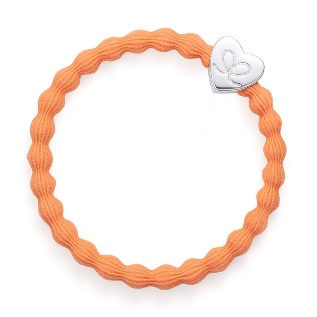Silver Heart On Neon Orange Elastic Bangle Band