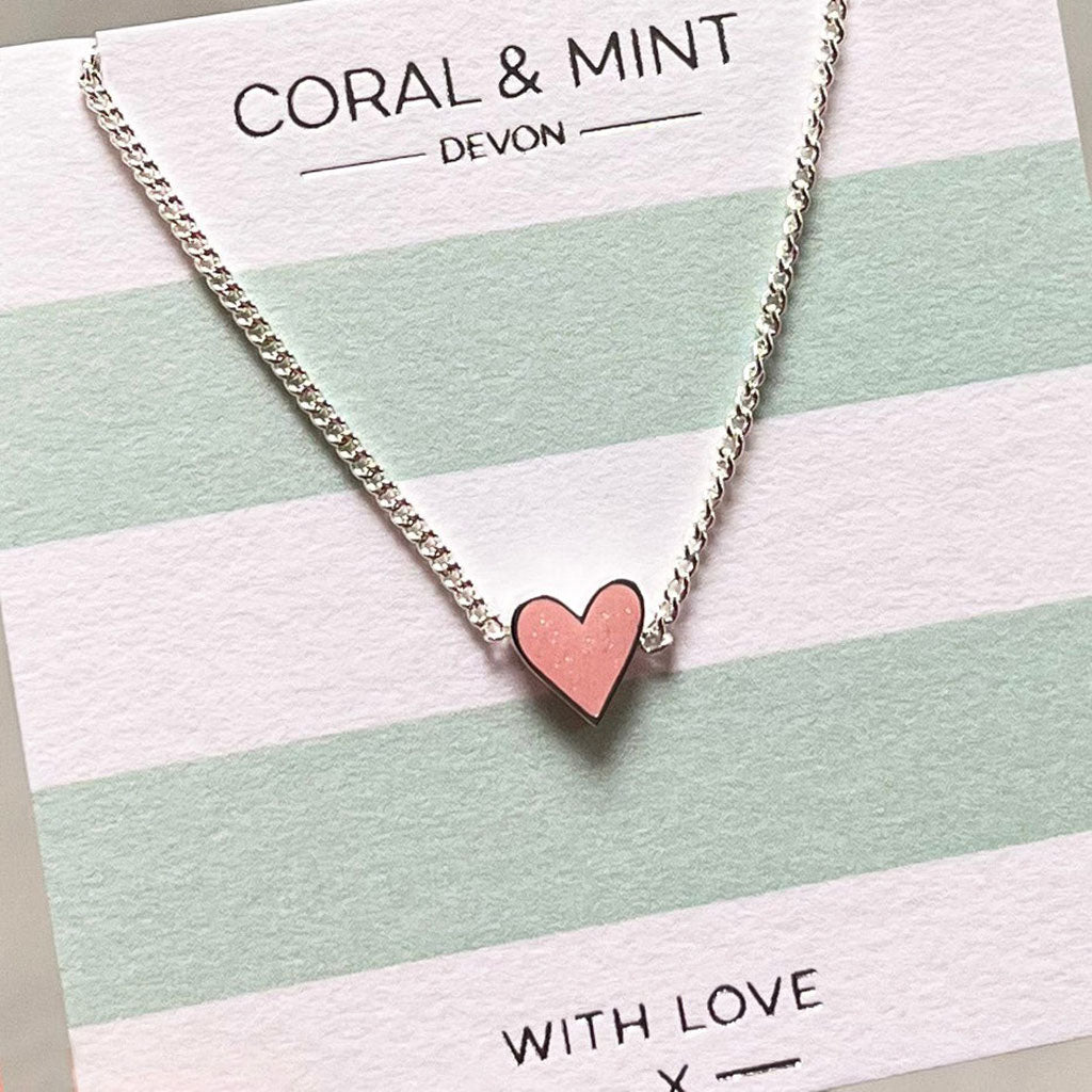 Heart Necklace With Baby Pink Glitter Enamel