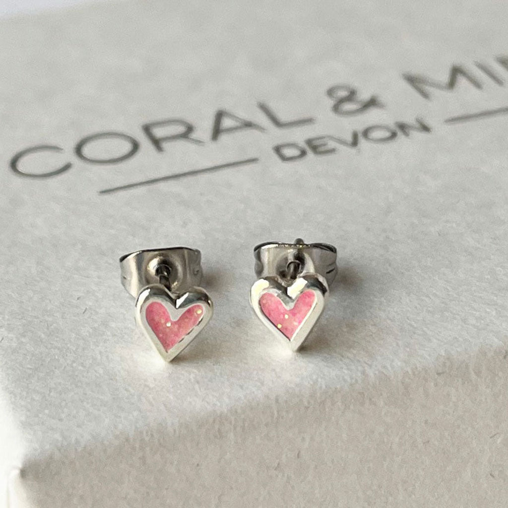 Mini Heart Studs With Pink Glitter Enamel