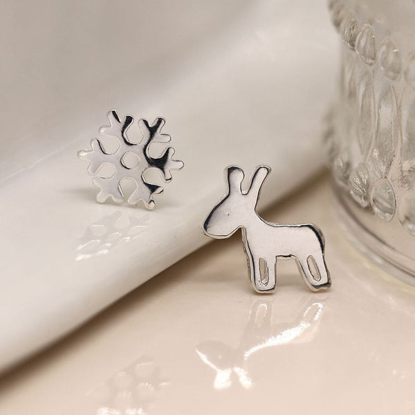 Sterling Silver Festive Snowflake And Deer Mismatch Studs