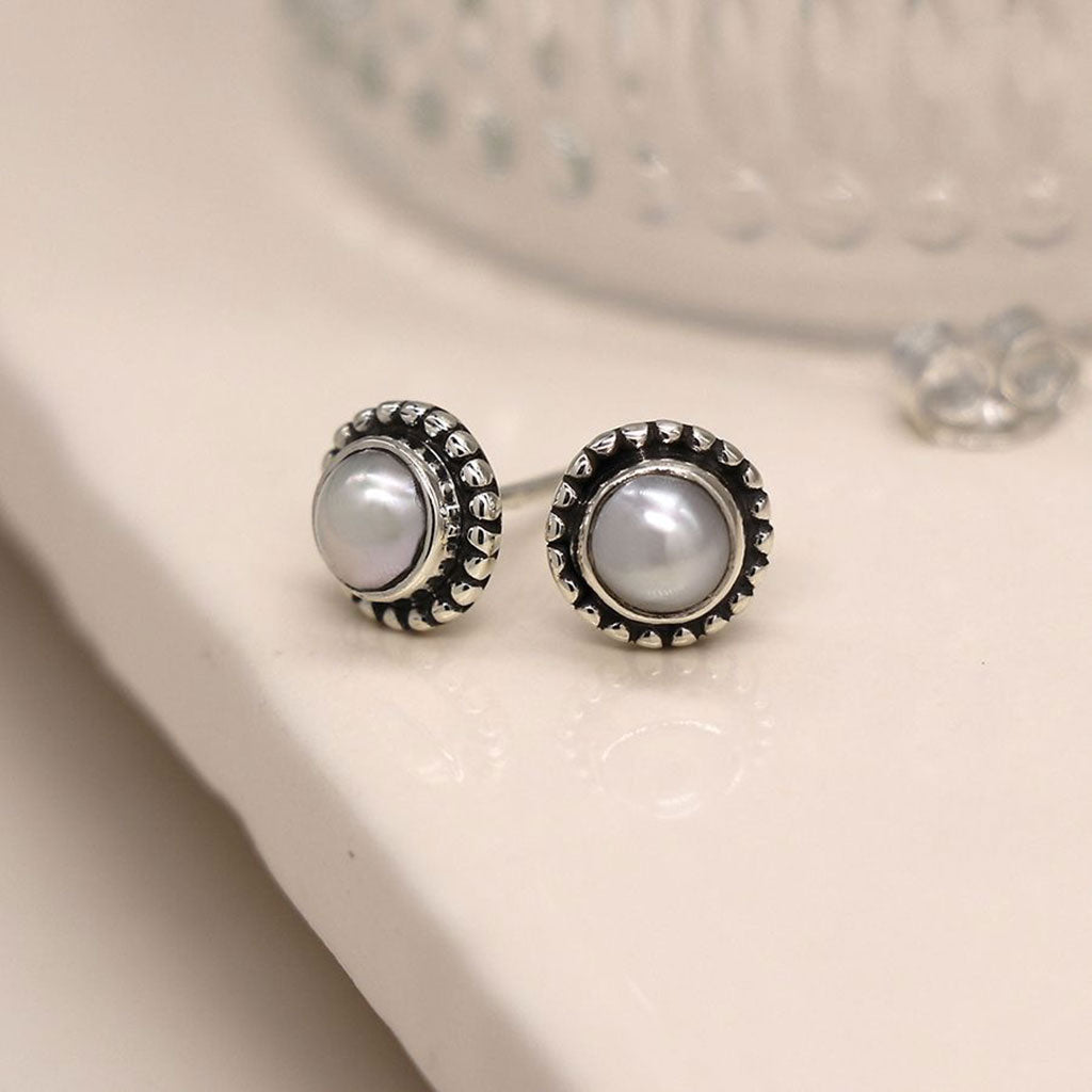 Sterling Silver Dotted Border Pearl Studs