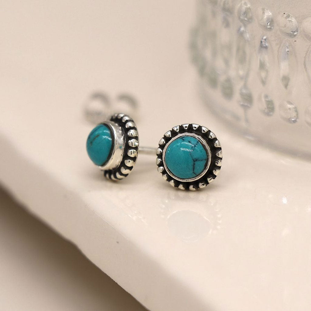 Sterling Silver Dotted Border Turquoise Studs