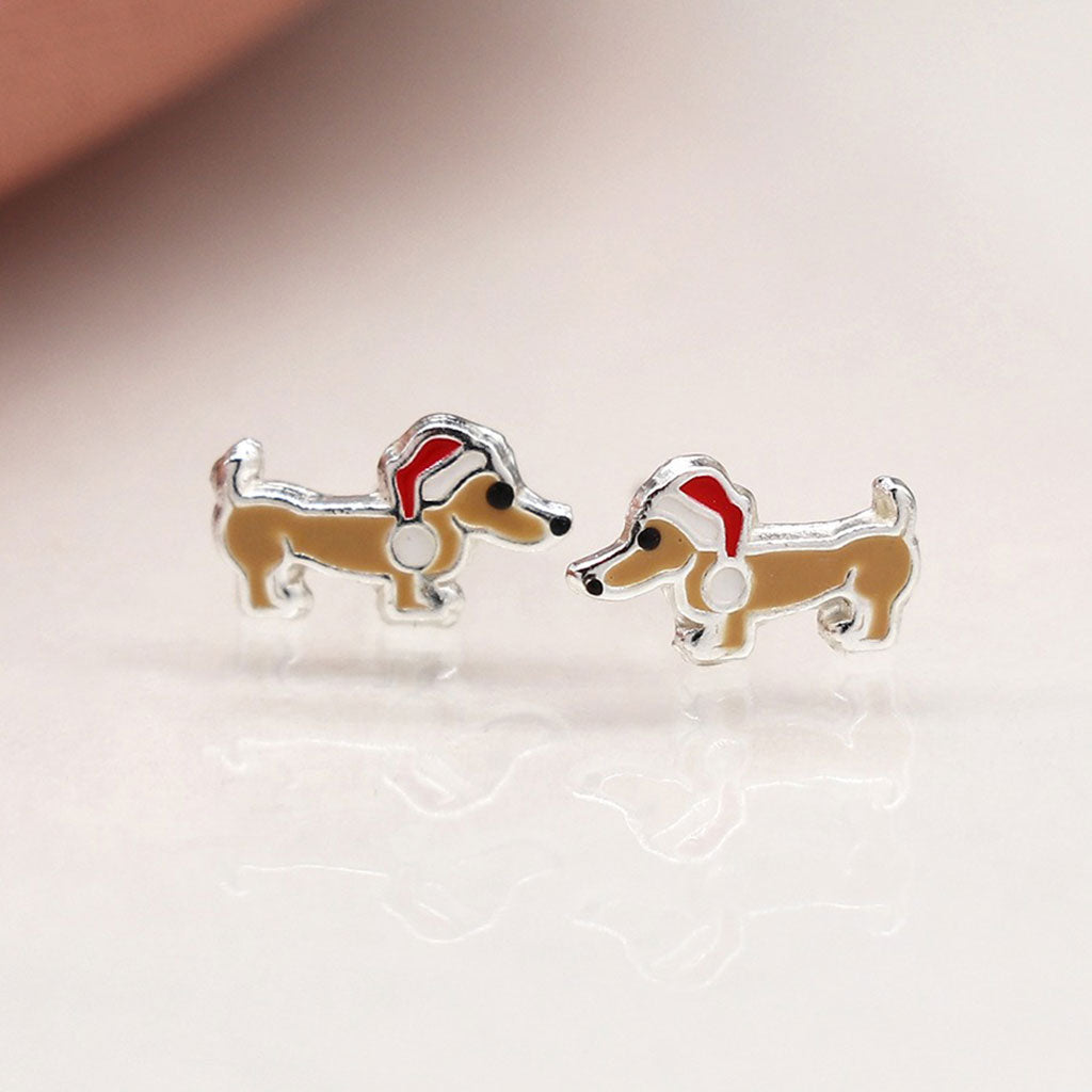 Sterling Silver Enamelled Xmas Dachshund With Santa Hat Studs