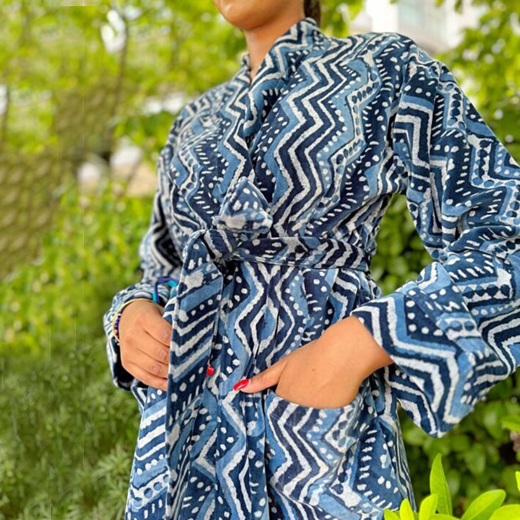 Luxury Velvet Long Robe Dressing Gown/Kimono With Silk Lining In Geometric Chevron Indigo