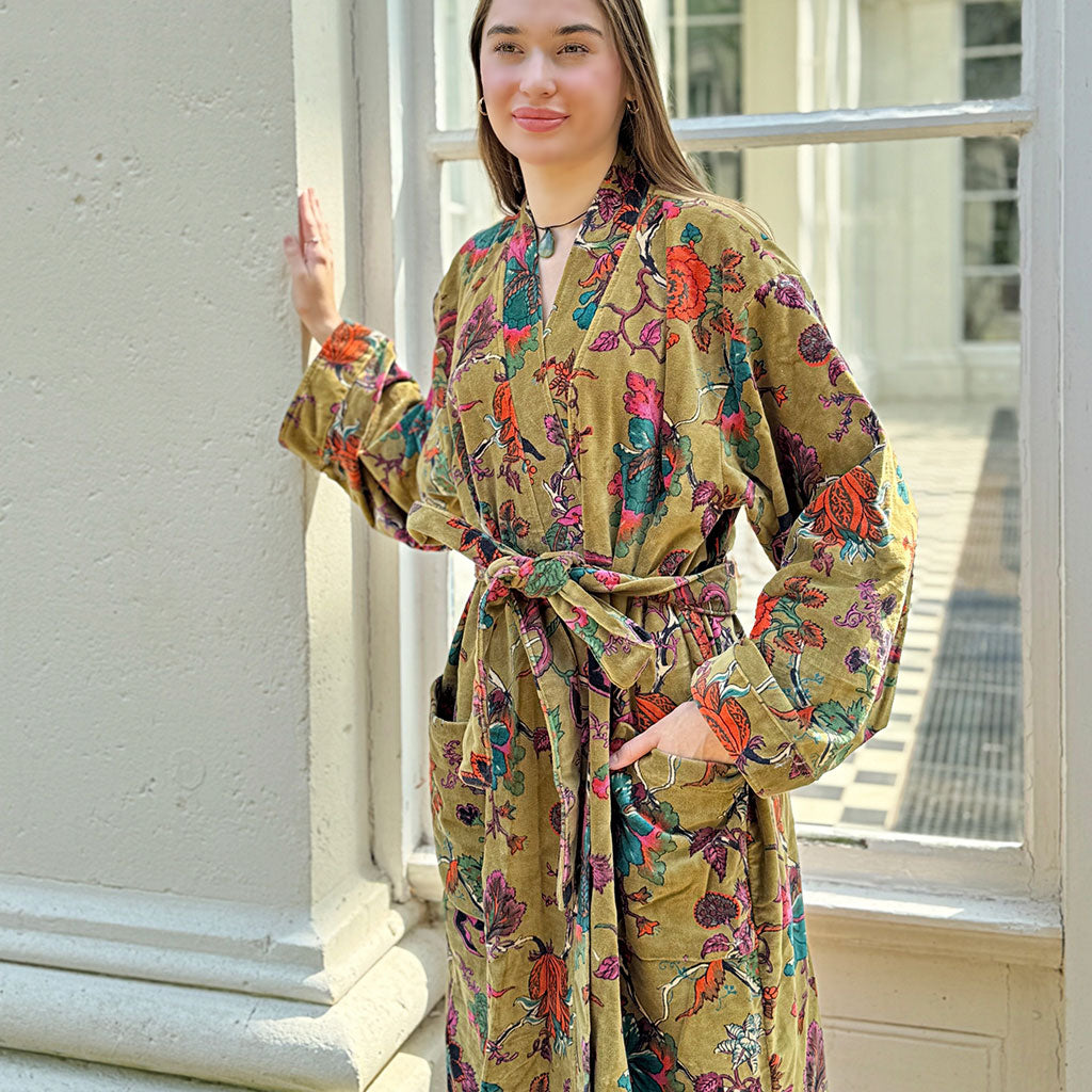 Luxury Velvet Long Robe Dressing Gown/Kimono With Silk Lining in Henna Insideout Luxury Velvet Long Robe Dressing Gown/Kimono With Silk Lining in Henna Insideout