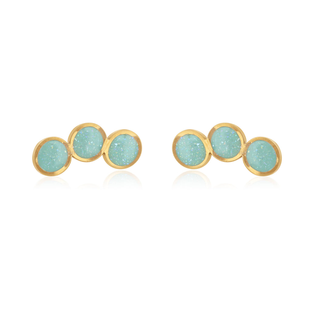 Gold Tri Circle Studs With Mint Enamel