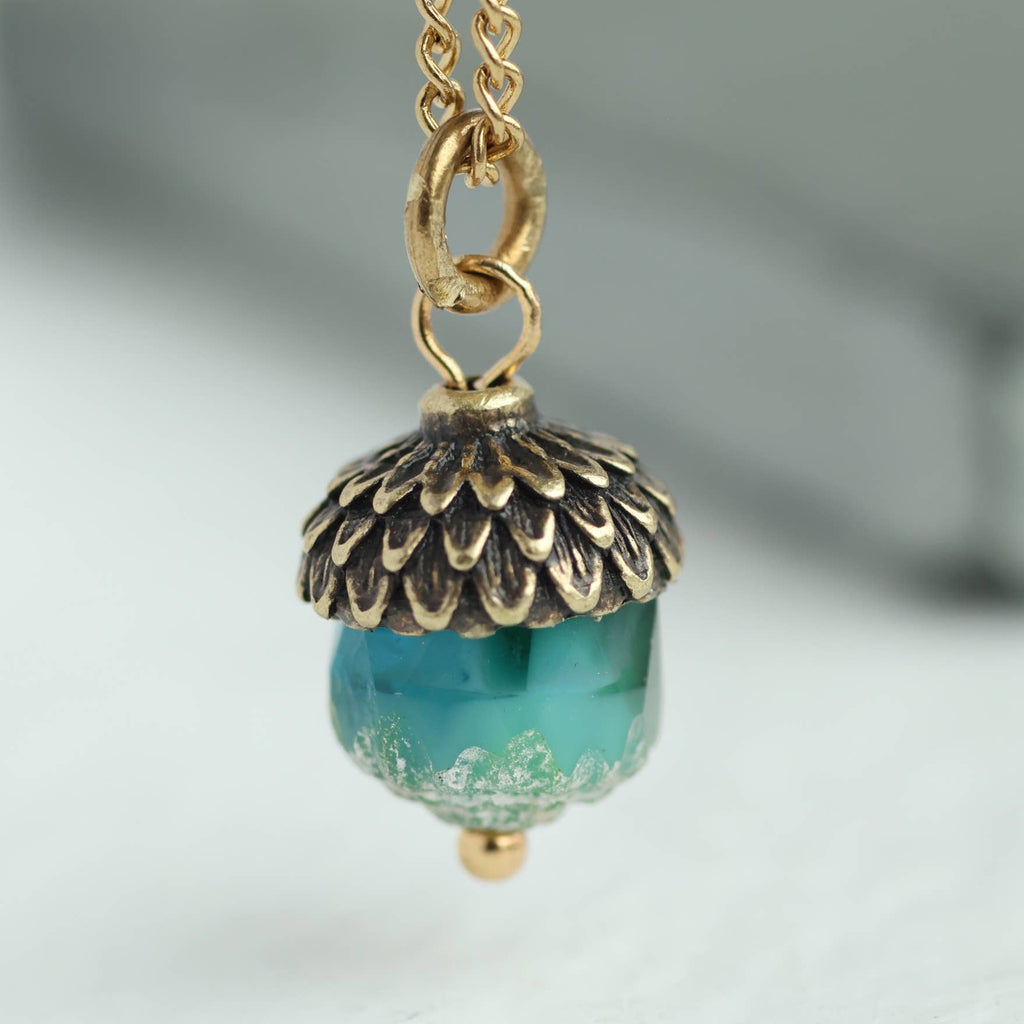 Peacock Blue Gold Acorn Necklace