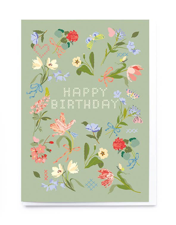 Ditsy floral and embroidery birthday card