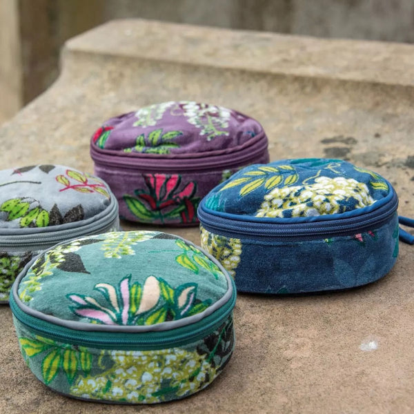 Printed Velvet Jewellery Pouch Navy