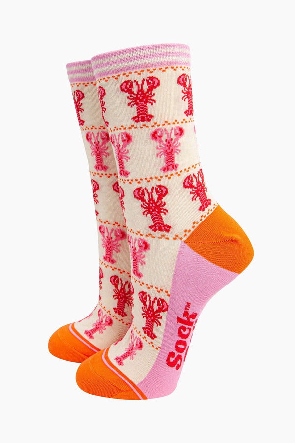 Women's Bamboo Socks - Cream, Lobster Stripes