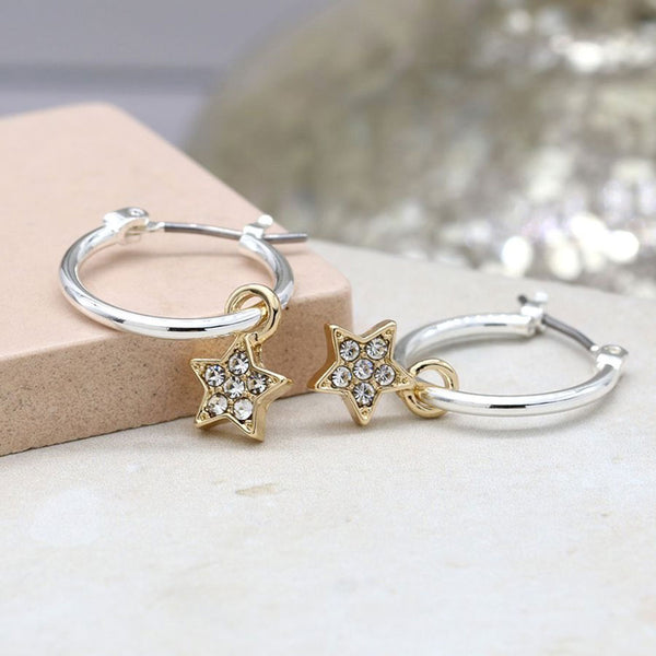 Silver Plated Hoop Earrings With Crystal Set Gold Stars