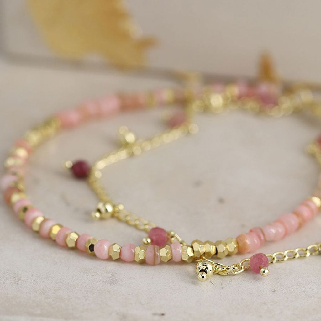Gold Plated/Pale Pink Bead Bracelet With Chain Pink Tourmaline