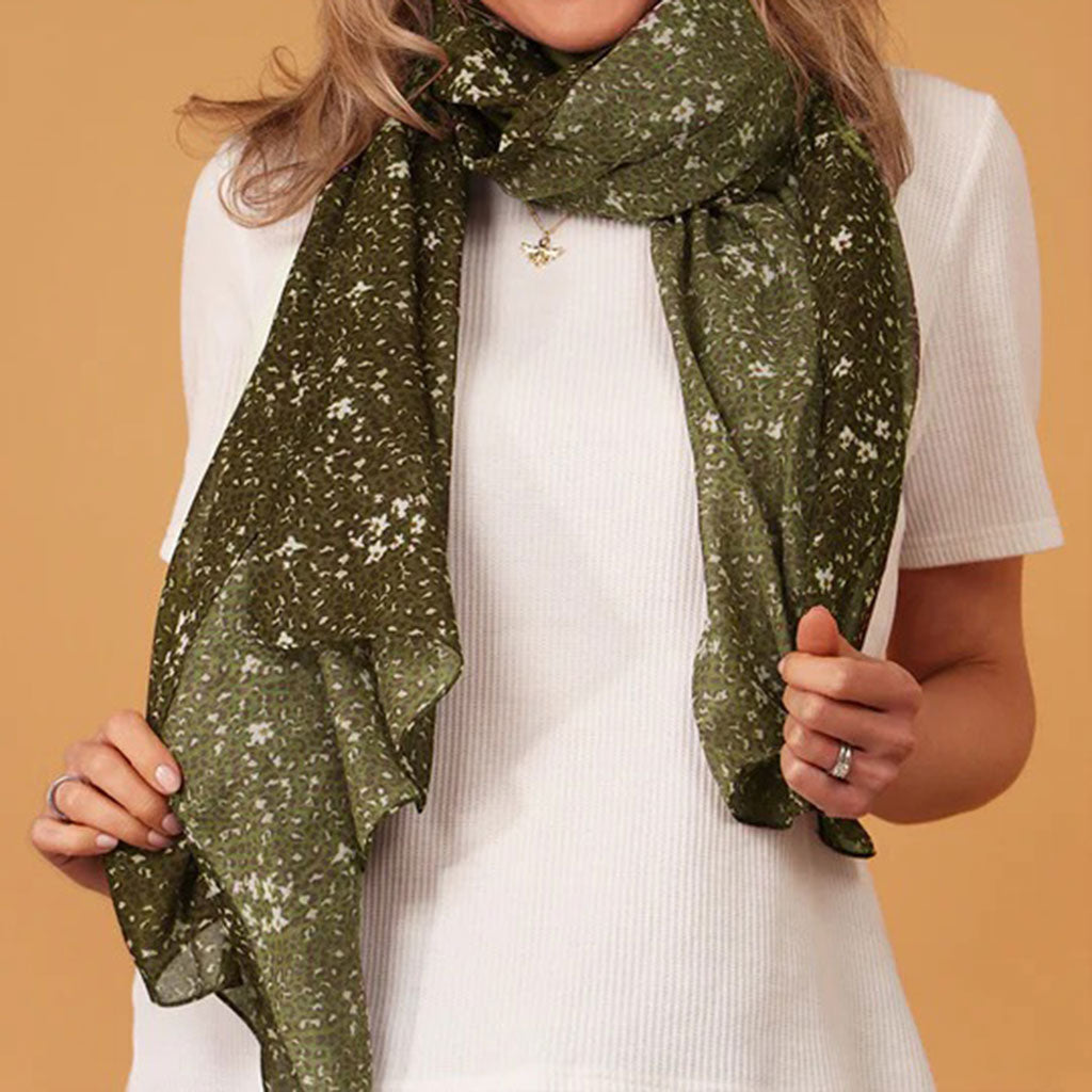 Khaki Animal and Floral Print Cotton Scarf