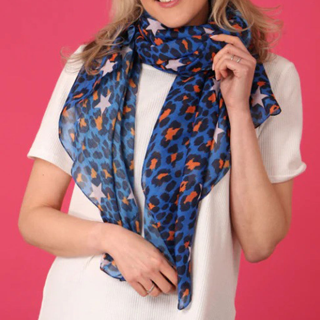 Royal Blue Leopard and Star Print Cotton Scarf