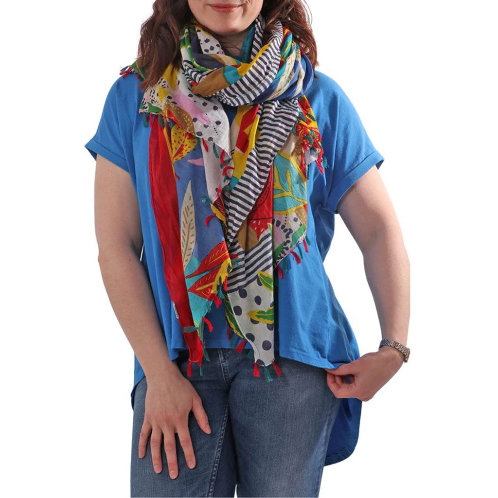 Patchwork Tropical Pattern Tasseled Cotton Scarf Navy Red