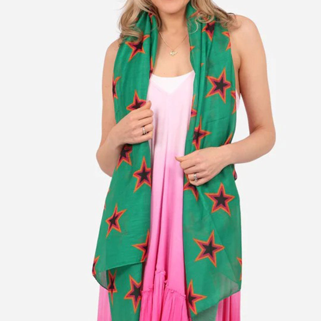 Green Star Outline Print Cotton Scarf
