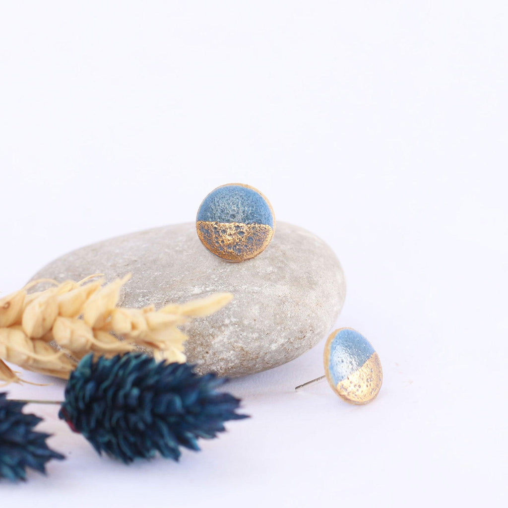 Denim Blue Gold Dip Circle Stud Earrings - Insideout