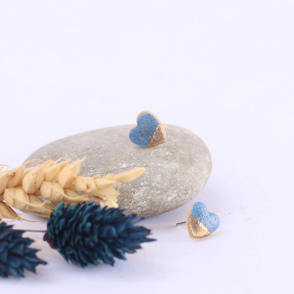 Denim Blue Gold Dip Heart Stud Earrings - Insideout