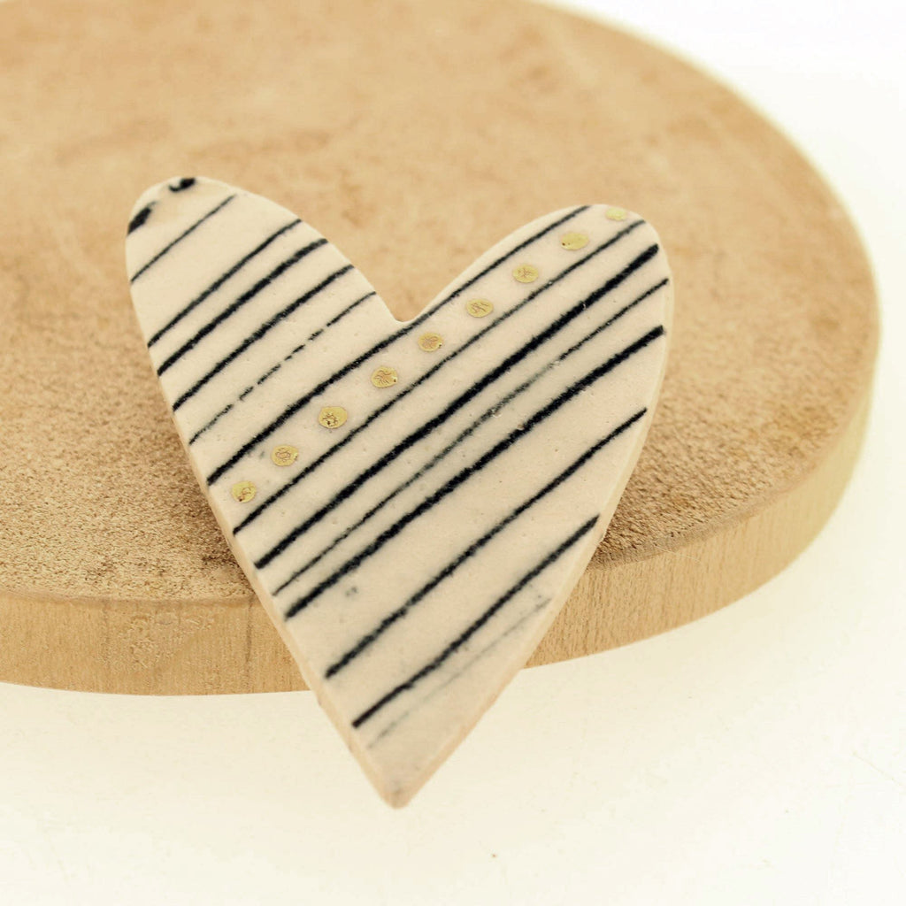Gold Lustre Stripe Detail Ceramic Heart Brooch - Insideout