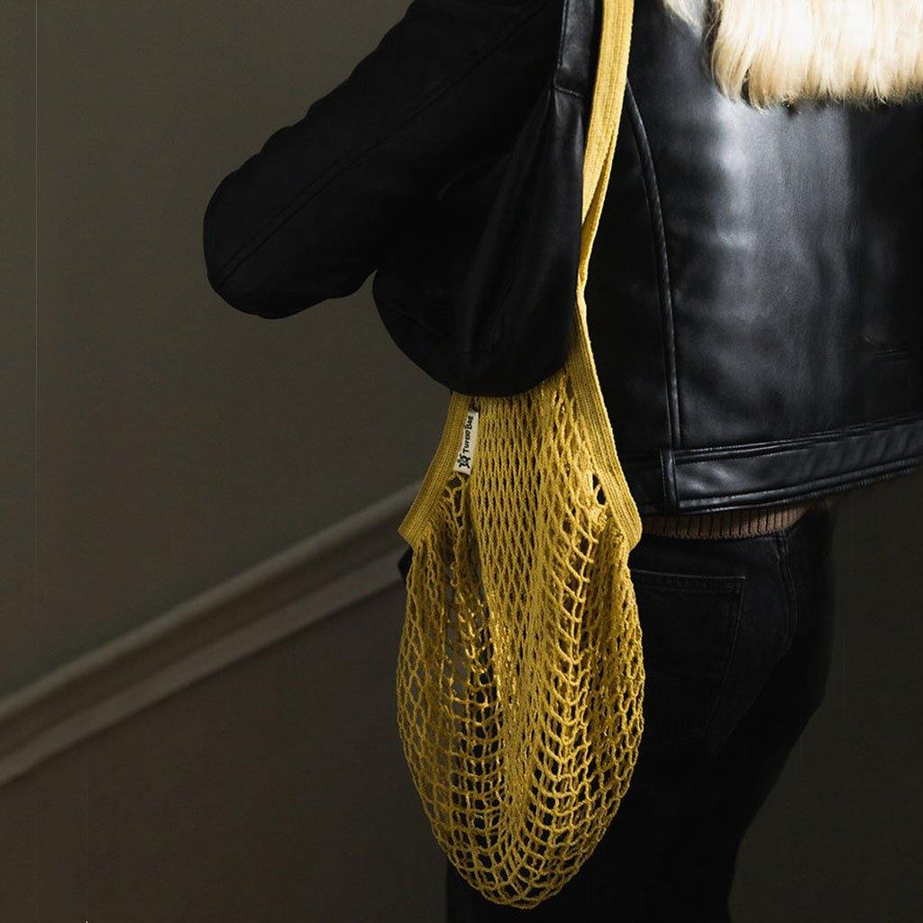 Long Handled Vegetable Dyed String Bag Ochre - Insideout