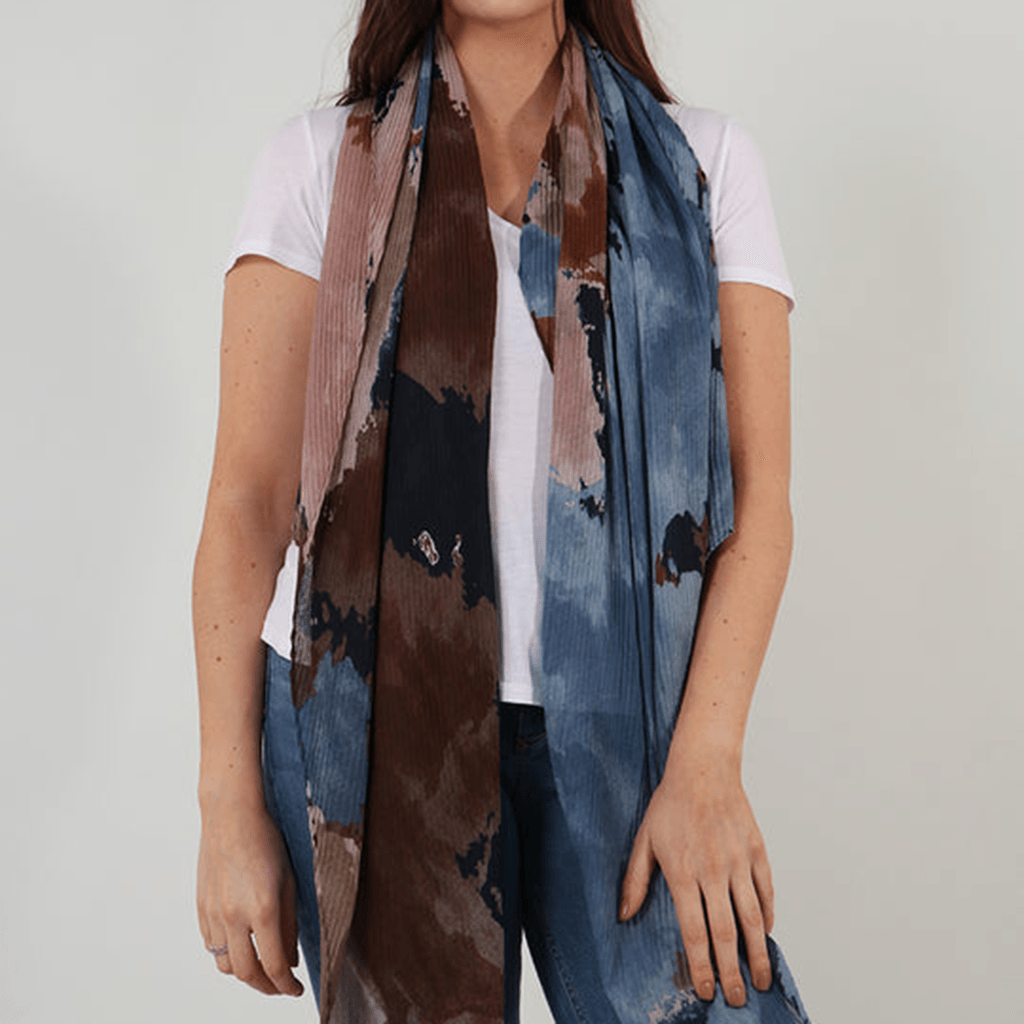 Navy Blue Brown Painted Abstract Pleated Scarf - Insideout