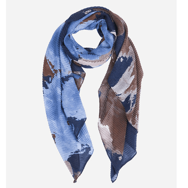 Navy Blue Brown Painted Abstract Pleated Scarf - Insideout