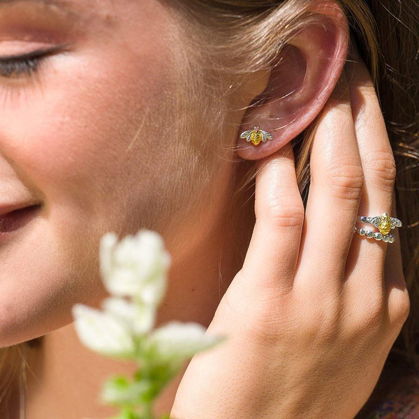 Sterling Silver Bee With Gold Plating Stud Earrings - Insideout