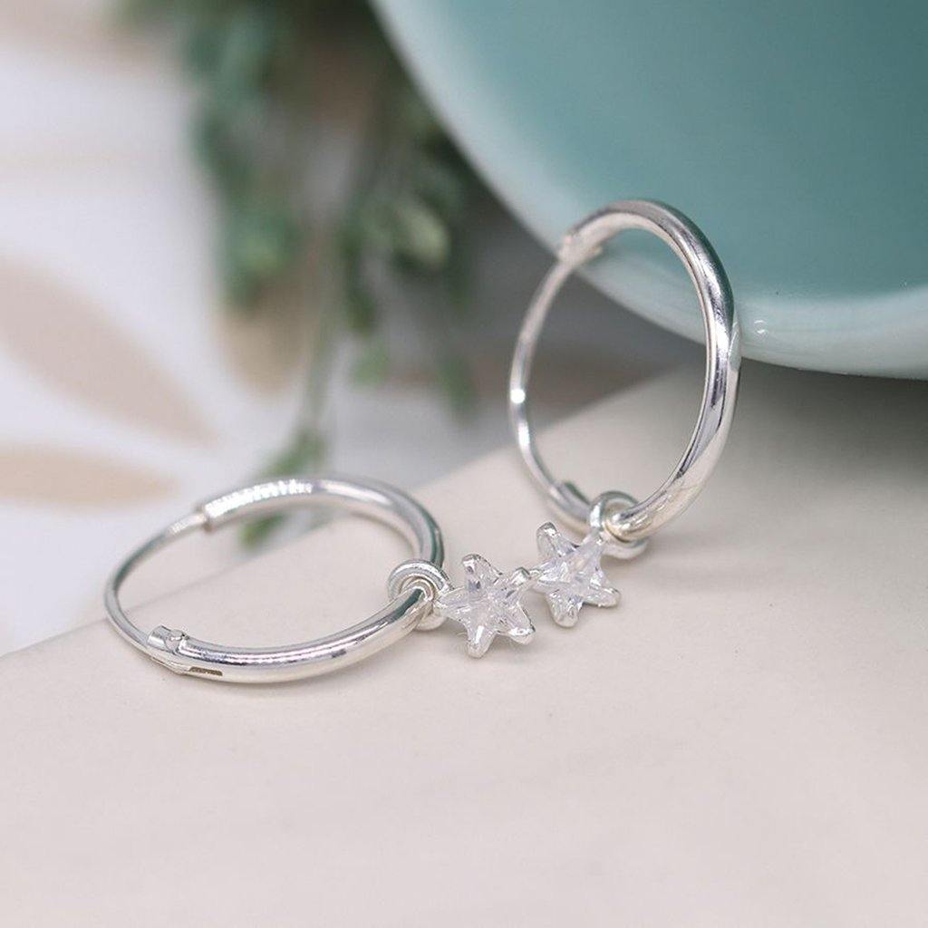Sterling Silver Creole Hoop Earrings With CZ Stars - Insideout