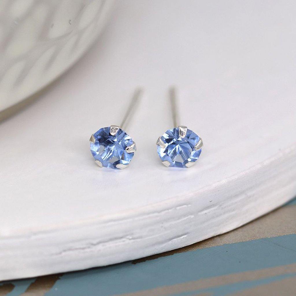 Tiny Blue Crystal Sterling Silver Round Stud Earrings - Insideout