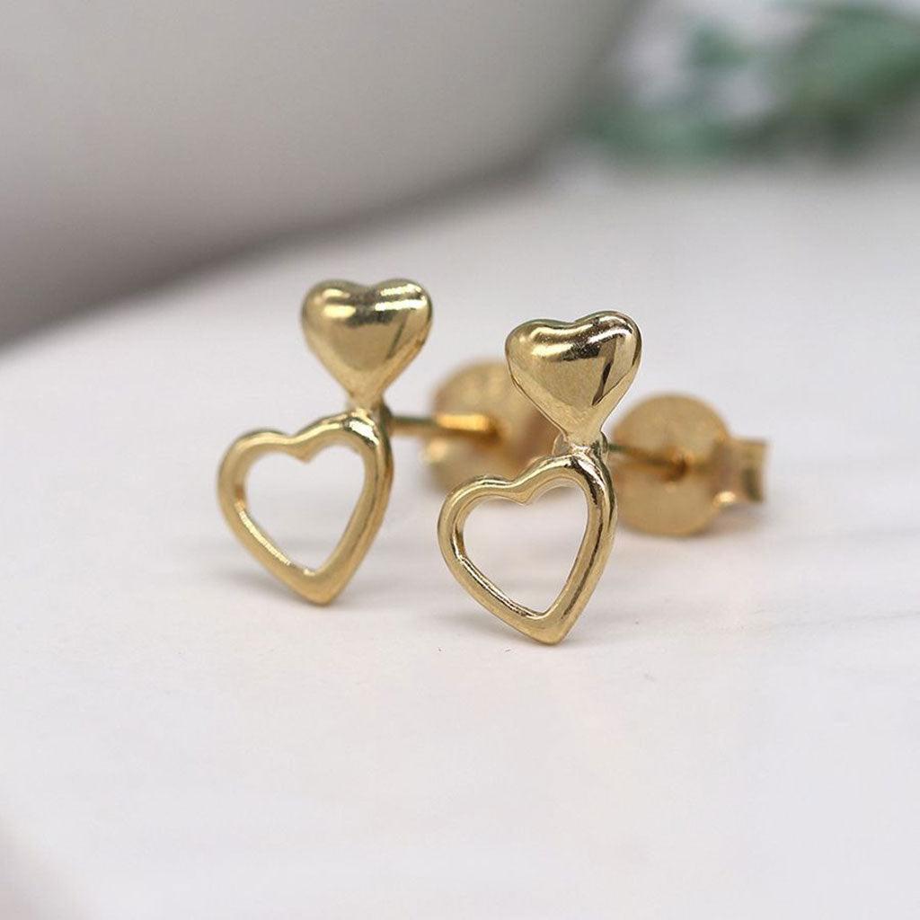 Tiny Gold Plated Double Heart Stud Earrings - Insideout